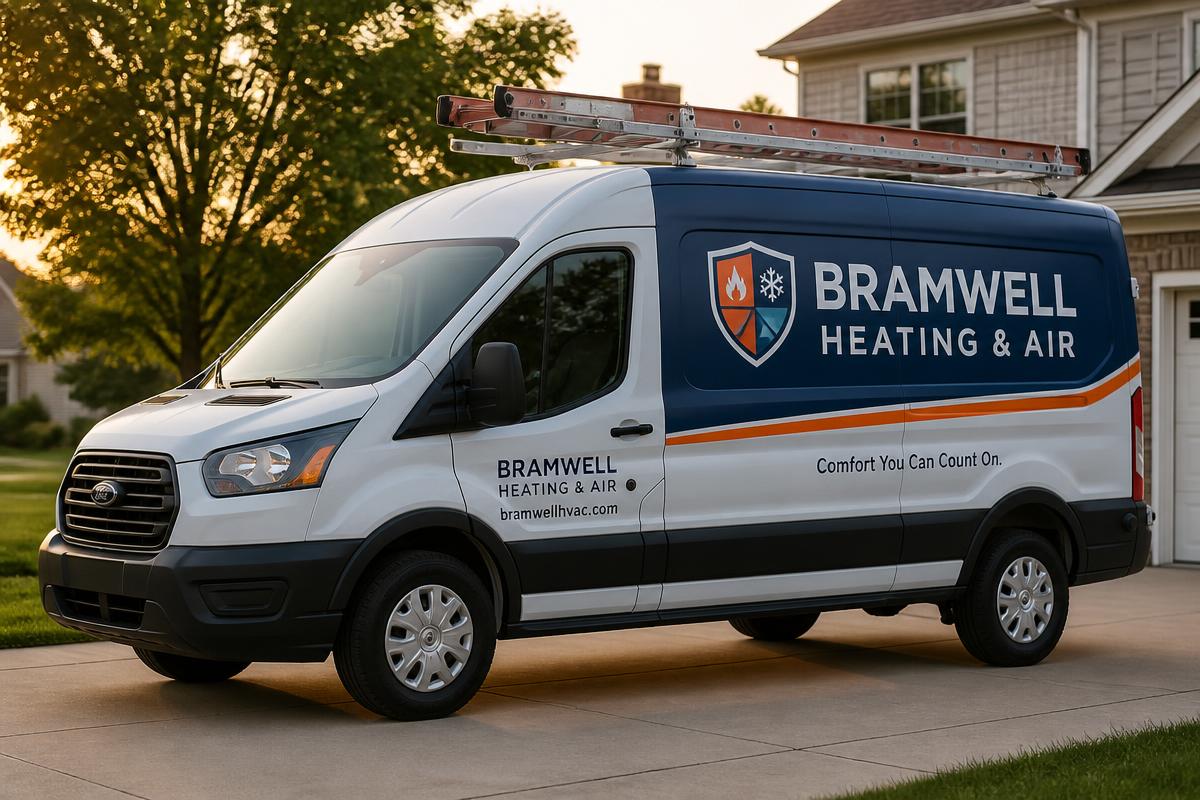 Bramwell Heating & Air service van parked in a San Antonio driveway